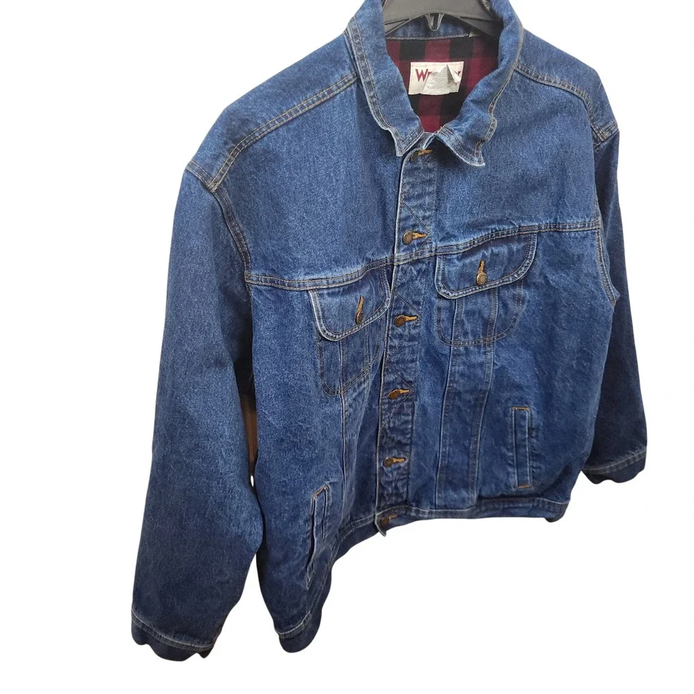Wrangler Rugged Wear Mens XXL Blue Denim Jacket Buffalo Plaid Lined Trucker Coat